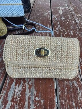 Vintage Handmade Macrame Gold Evening Clutch Purse, Brass Turn Lock